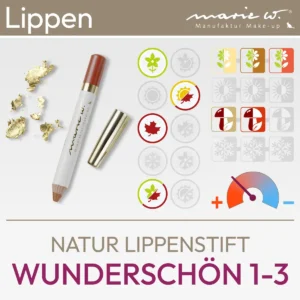 Immagine del prodotto per il rossetto naturale Wunderschön 1-3 di marie w. composta da un'immagine del prodotto e da una panoramica dei simboli komood, che rappresentano i tipi di colore corrispondenti del sistema di tipi a 10 colori e del sistema di tipi a 12 colori per questo rossetto. Prodotto del komood.shop.
