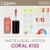 Produktbild für den Matte Liquid Lippenstift Coral Kiss der Marke benecos bestehend aus einer Produktabbildung und einer Übersicht aus Komood-Symbolen, zu welchen Farbtypen aus dem 10-Farbtypen-System und aus dem 12-Farbtypen-System dieser Lippenstift farblich besonders gut passt. Produkt aus dem komood.shop.