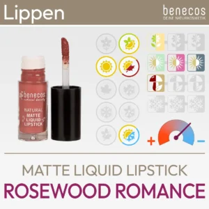 Presentación de producto para la barra de labios líquida mate Rosewood Romance de benecos que consiste en una imagen del producto y una descripción de los símbolos de komood, para qué tipos de color del sistema de 10 tipos de color y del sistema de 12 tipos de color esta barra de labios es particularmente adecuada en términos de color. Producto de la tienda komood.shop.