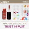 Illustration du produit pour le rouge à lèvres liquide mat Trust in rust de la marque benecos, composée d'une image du produit et d'un aperçu des symboles Komood, avec quels types de couleurs du système des 10 types de couleurs et des 12 types de couleurs ce rouge à lèvres convient particulièrement bien en termes de couleur. Produit de la boutique komood.shop.