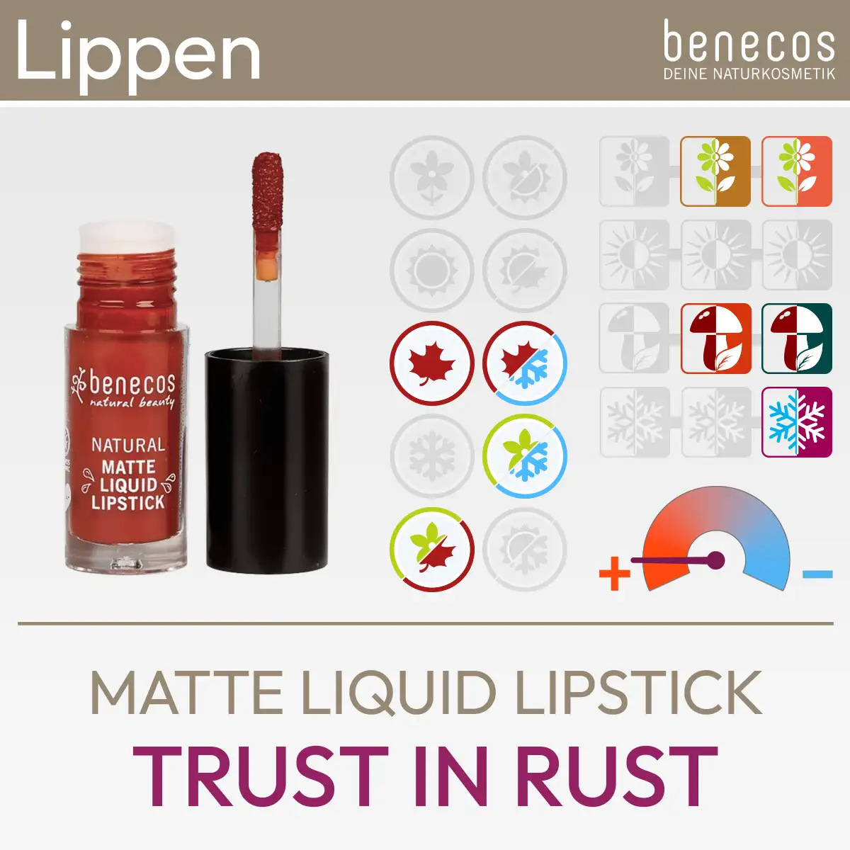 Illustration du produit pour le rouge à lèvres liquide mat Trust in rust de la marque benecos, composée d'une image du produit et d'un aperçu des symboles Komood, avec quels types de couleurs du système des 10 types de couleurs et des 12 types de couleurs ce rouge à lèvres convient particulièrement bien en termes de couleur. Produit de la boutique komood.shop.