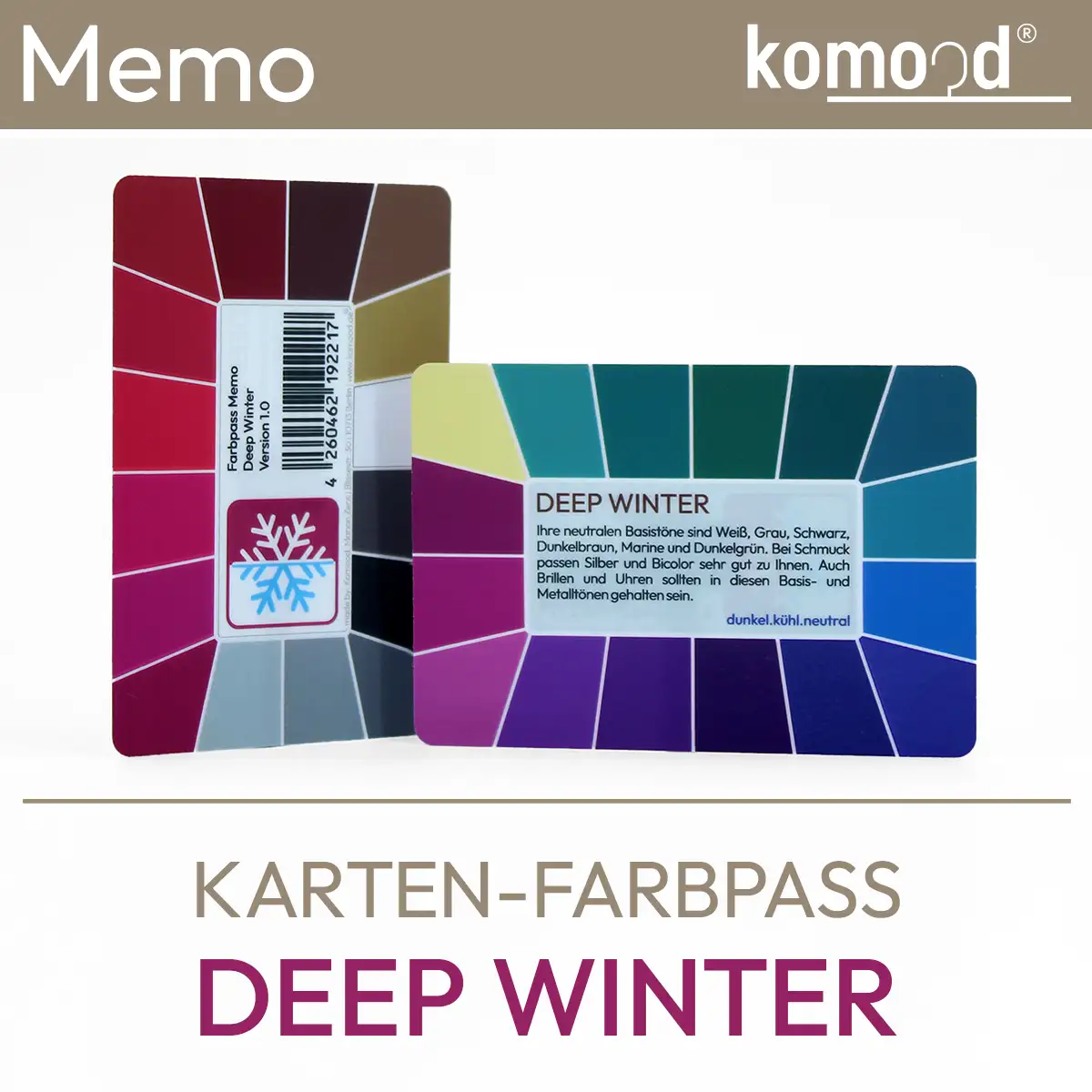 Farbpass für den Deep Winter - Farbkarte der Serie Memo mit 32 Farbfeldern aus der Deep-Winter-Farbpalette - dunkel, kühl, neutral