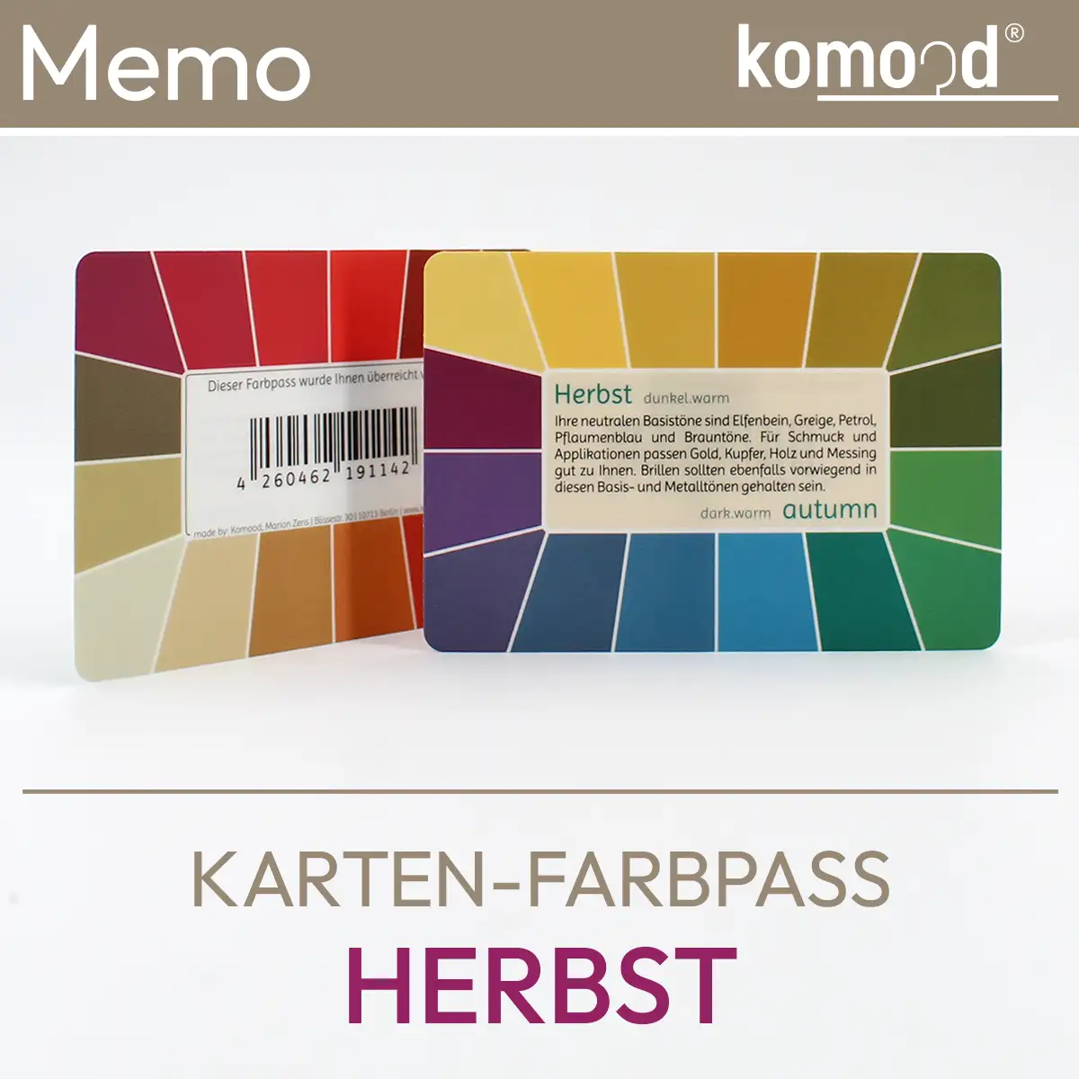 Passeport de couleurs pour le type automne - nuancier de la série Memo avec 32 champs de couleurs de la palette automne - foncé, chaud. Produit de la boutique komood.shop