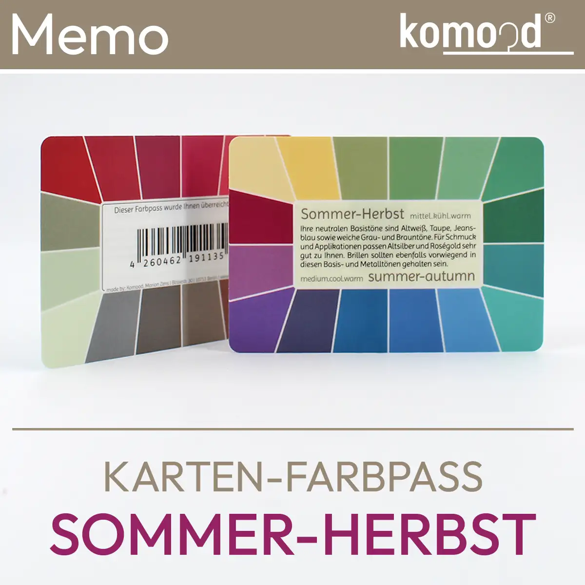 Pasaporte de colores para el tipo verano-otoño - carta de colores de la serie Memo con 32 campos de color de la paleta de colores verano-otoño - medios, fríos, cálidos. Producto de la tienda komood.shop