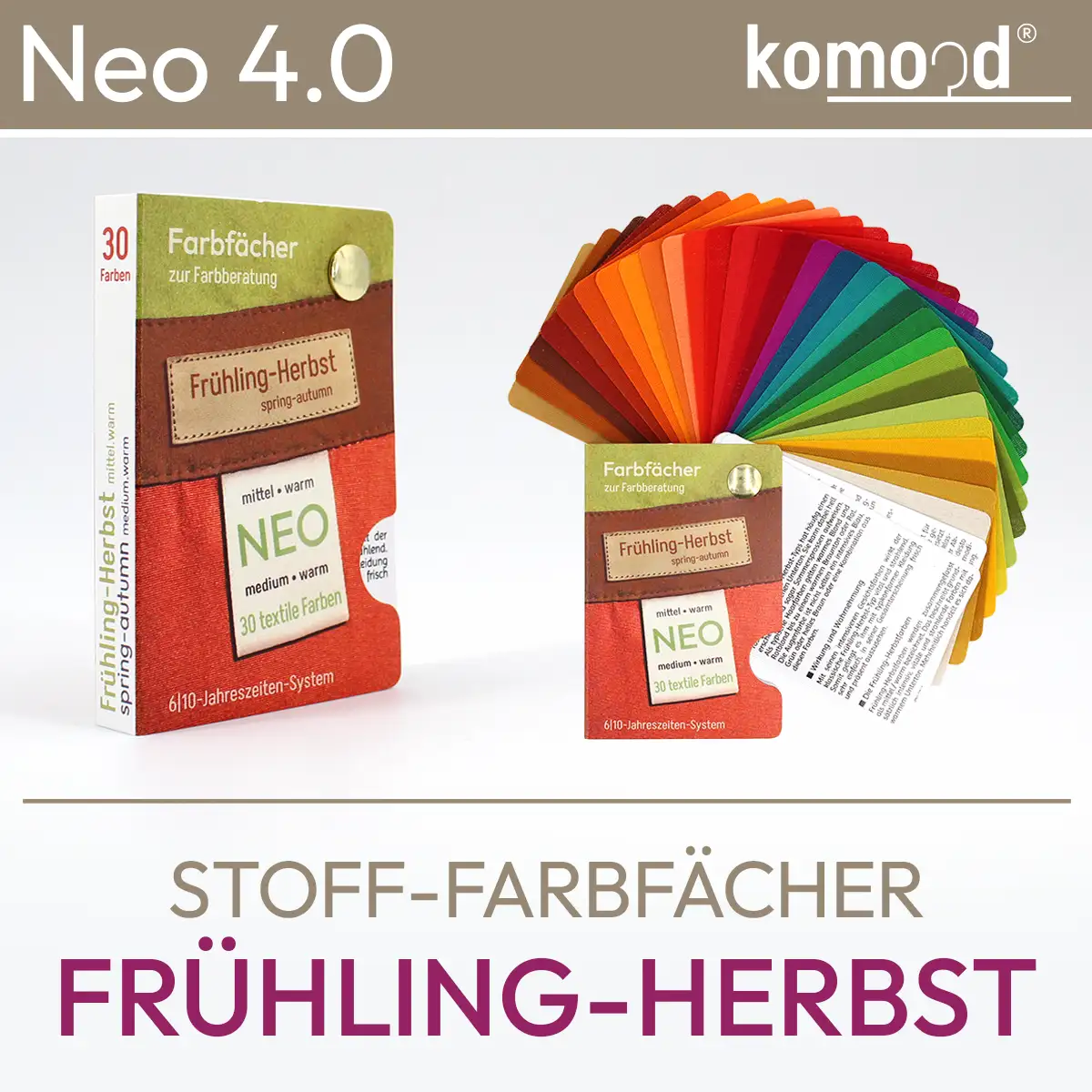 Passeport de couleurs de tissus pour le type printemps-automne - nuancier de la série Neo avec 30 champs de couleurs de la palette printemps-automne - moyen, chaud. Produit de la boutique komood.shop