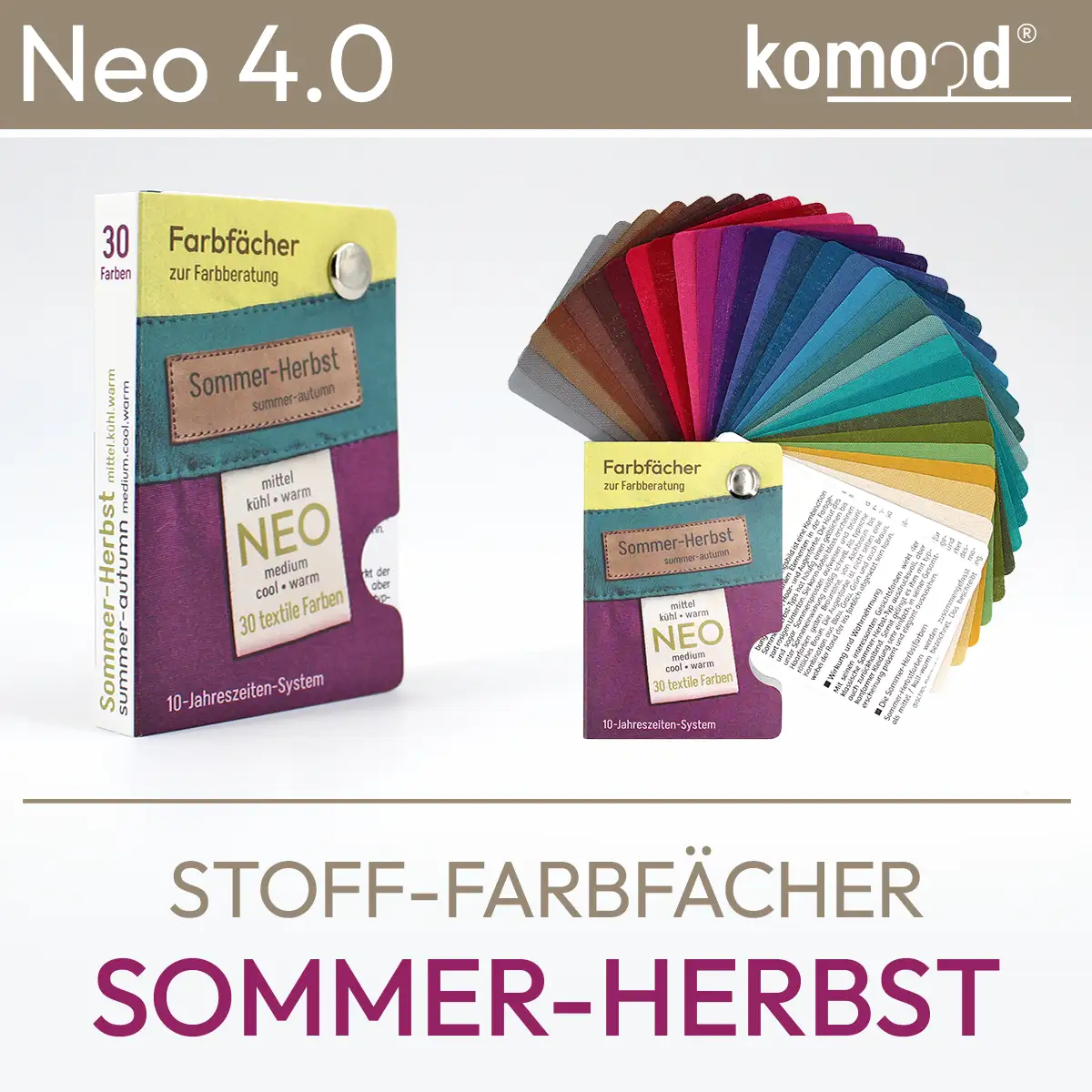 Stoff-Farbpass für den Sommer-Herbsttyp - Farbfächer der Serie Neo mit 30 Farbfeldern aus der Sommer-Herbst-Farbpalette - mittel, kühl, warm. Produkt aus dem komood.shop