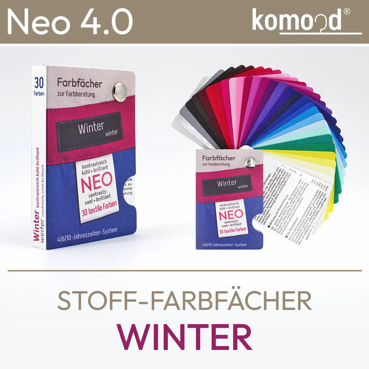 Stoff-Farbpass für den Wintertyp - Farbfächer der Serie Neo mit 30 Farbfeldern aus der Winter-Farbpalette - kontrastreich, kühl, brilliant. Produkt aus dem komood.shop