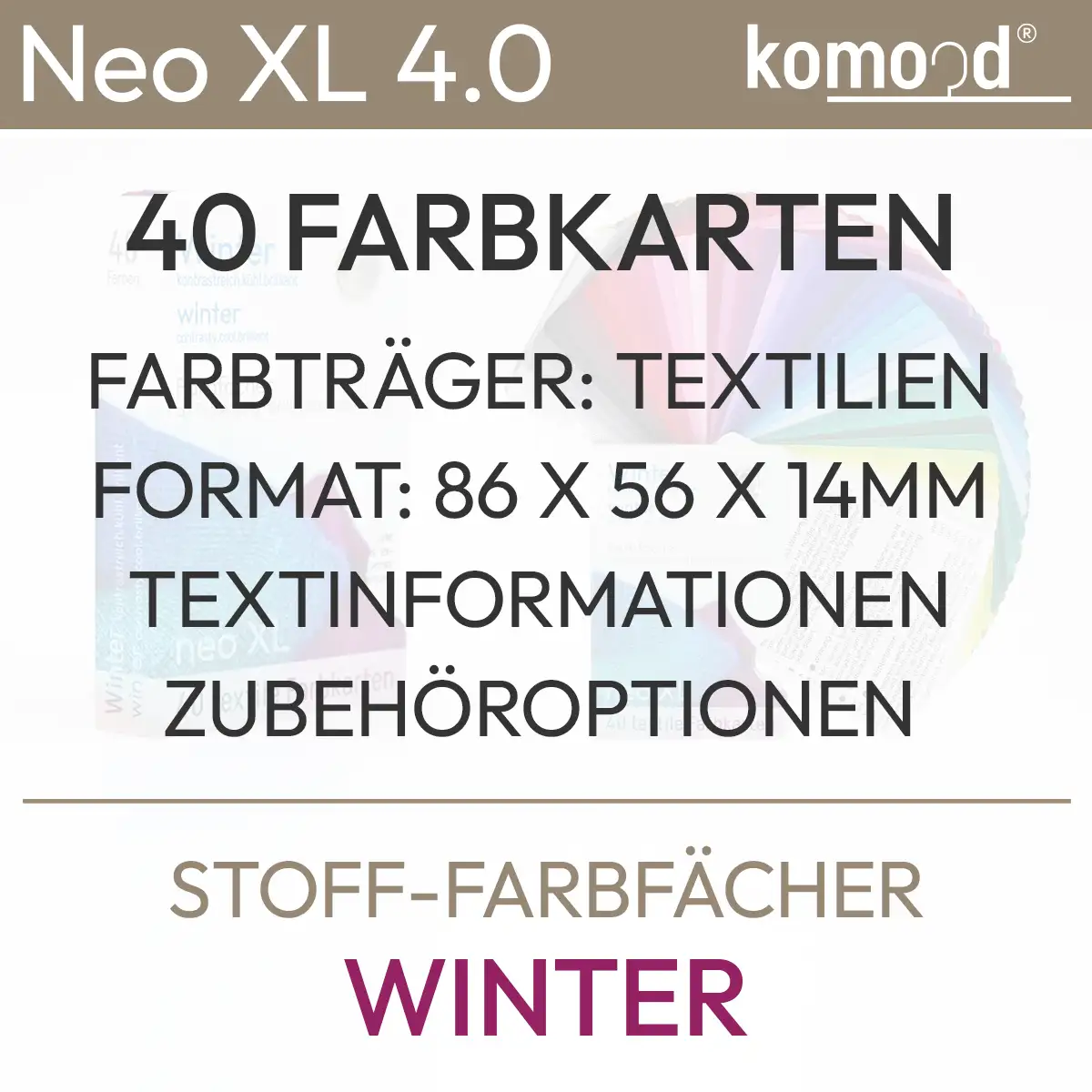 Ventaglio professionale a colori Winter Neo XL con 40 carte a colori, informazioni sul testo e opzioni di accessori. Formato: 86 x 56 x 14 mm. Prodotto dal komood.shop