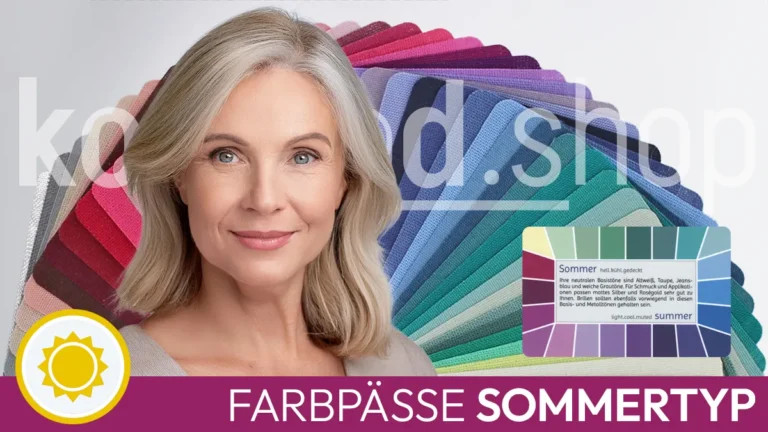 the portrait of an ash-blonde woman with the typical facial features of a summer type next to a Loop series card colour passport in front of an open Neo XL series colour fan as well as the Komood symbol for the summer colour type and the inscription Summer type colour passports