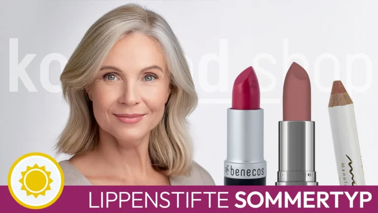 the portrait of an ash-blonde woman with the typical facial features of a summer type next to three open lipsticks in suitable colours in front of the Komood symbol for the summer colour type and the inscription Lipsticks summer type