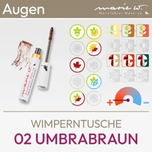Immagine del prodotto per il mascara 02 umber brown del marchio marie w. composta da un'immagine del prodotto e da una panoramica dei simboli komood a quali tipi di colore del sistema di 10 tipi di colore e 12 tipi di colore questo mascara si abbina particolarmente bene in termini di colore. Prodotto del komood.shop.