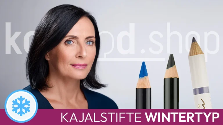 the portrait of a black-haired woman with the typical facial features of a winter type next to three suitable coloured eyeliner pencils in front of the Komood symbol for the winter colour type and the inscription Winter type eyeliner pencils