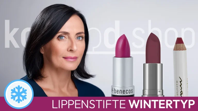 the portrait of a black-haired woman with the typical facial features of a winter type next to three open lipsticks in suitable colours in front of the Komood symbol for the colour type winter and the inscription lipsticks winter type