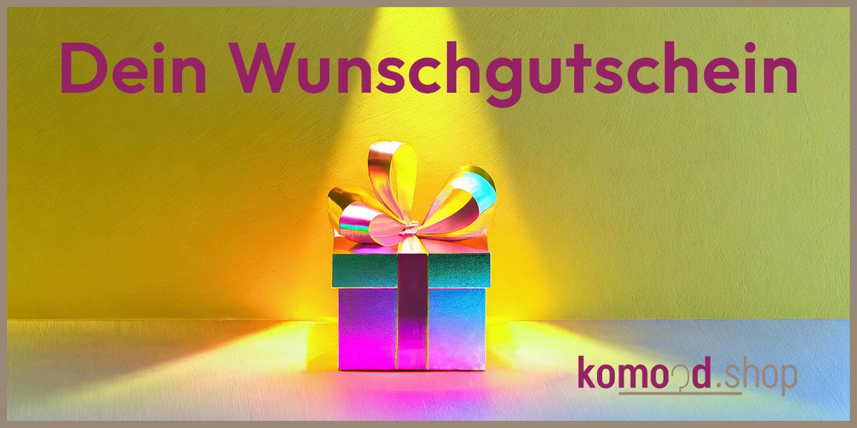 Abbildung eines virtuellen Geschenkgutscheins mit dem Schriftzug "Dein Wunschgutschein" und einem Geschenk. Angebot aus dem komood.shop.
